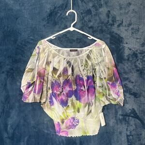 CRIMSON IVY NWT Floral Print White & Purple Flowy Blouse Womans Size Small
